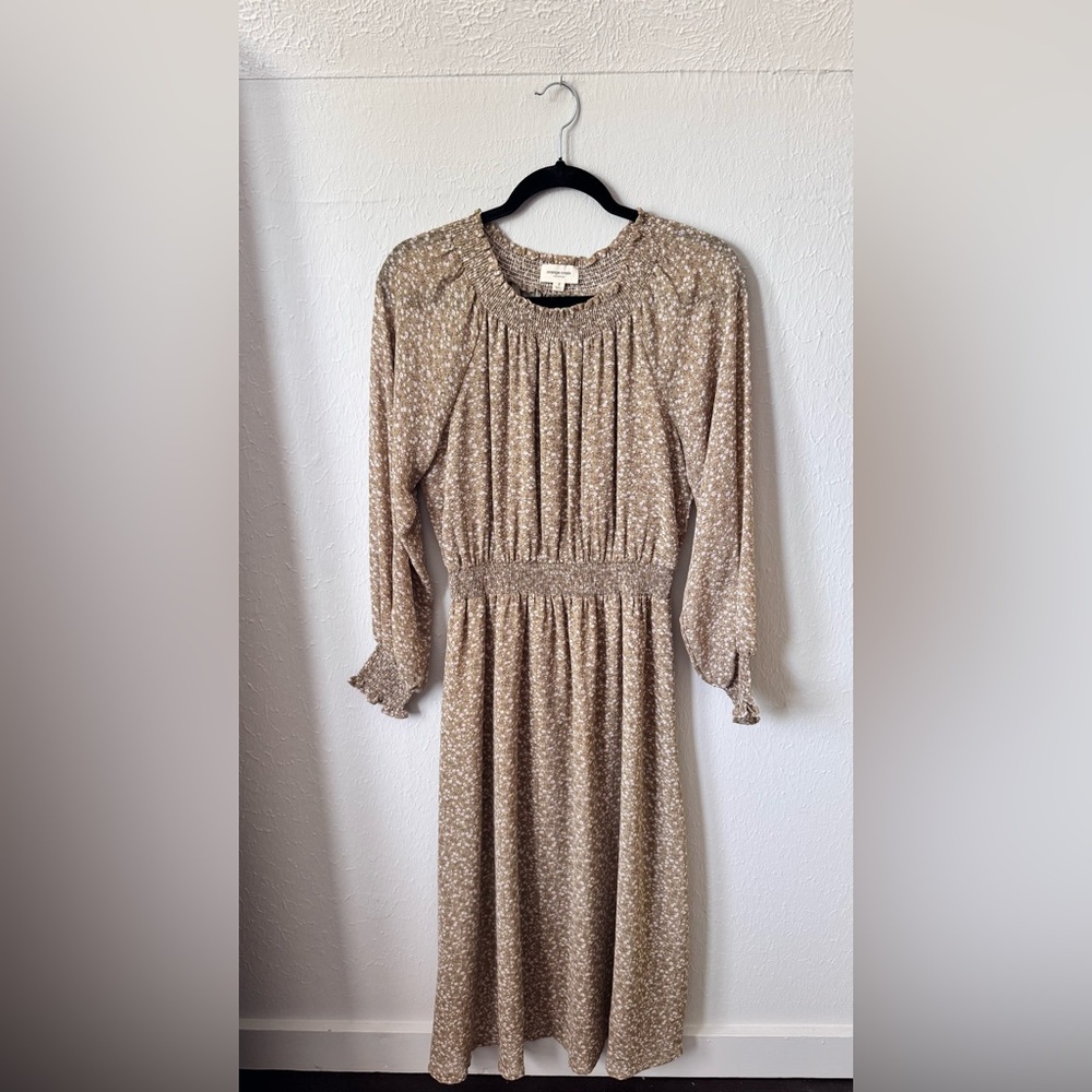 orange creek Taupe Floral Smocked Midi Dress